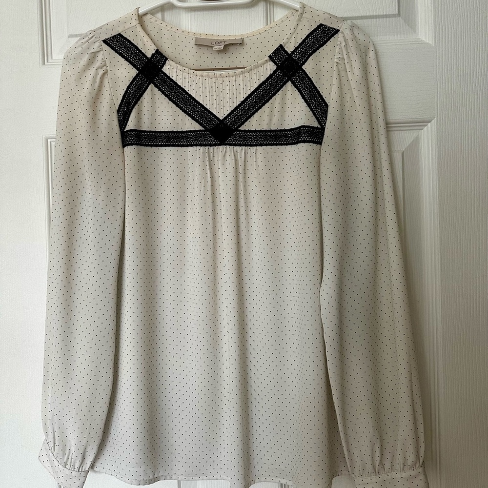 LOFT Cream Blouse with Black Lace Design